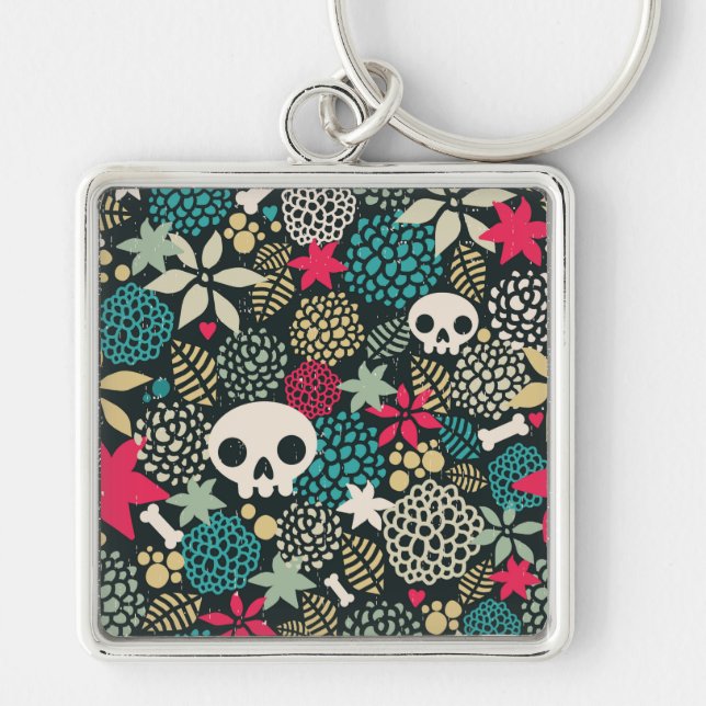 Skull in flowers key ring (Front)
