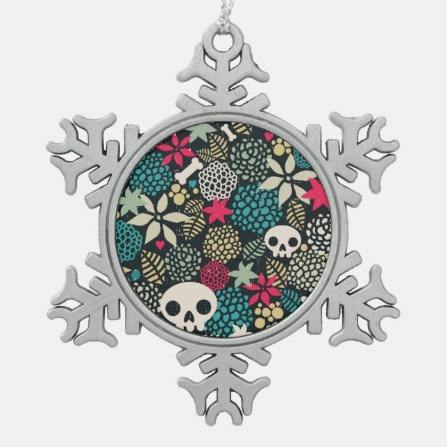 Skull in flowers snowflake pewter christmas ornament (Front)