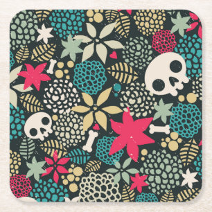 Skull in flowers square paper coaster