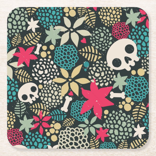 Skull in flowers square paper coaster (Front)