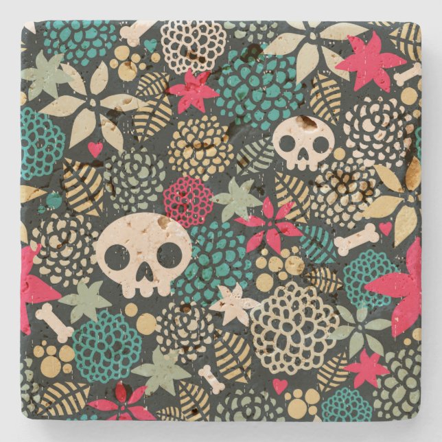 Skull in flowers stone coaster (Front)