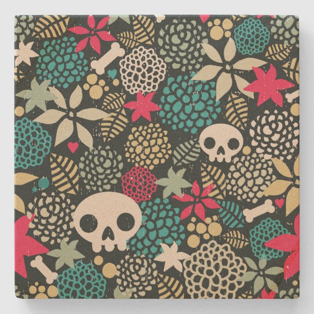 Skull in flowers stone coaster (Front)