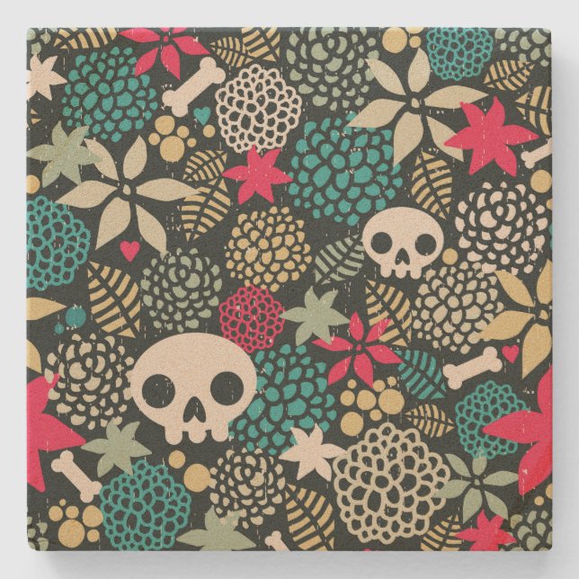 Skull in flowers stone coaster (Front)