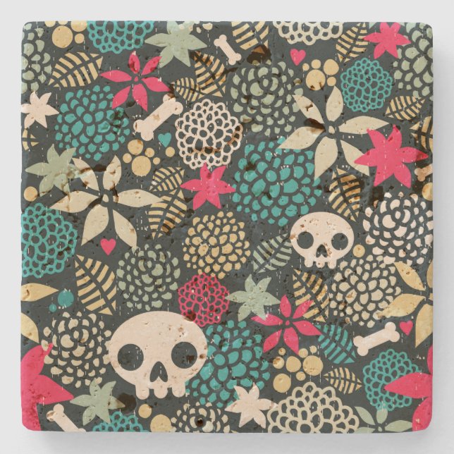 Skull in flowers stone coaster (Front)