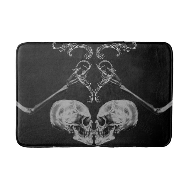"Skull in Love" Vintage Skeletons Black Bath Mat (Front)