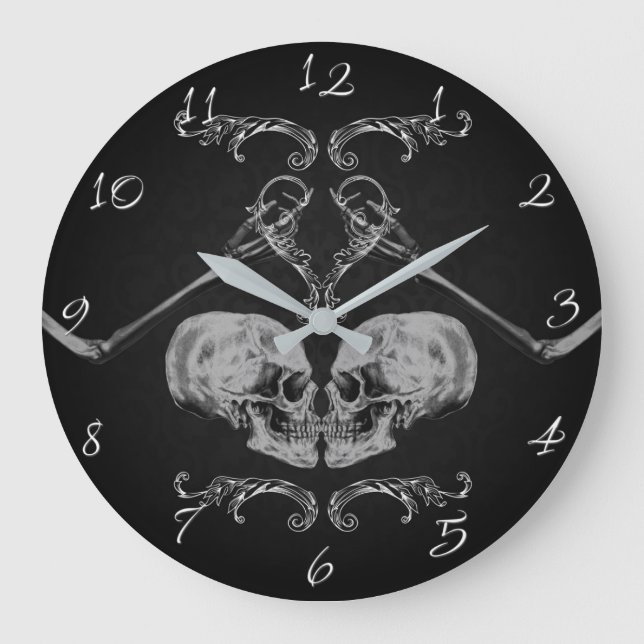 "Skull in Love" Vintage Skeletons Black Large Clock (Front)