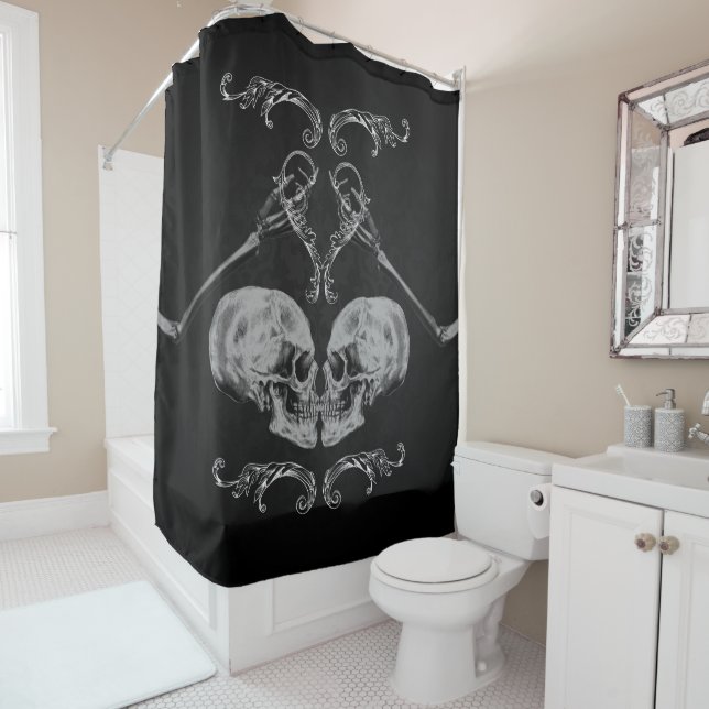 "Skull in Love" Vintage Skeletons Black Shower Curtain (In Situ)