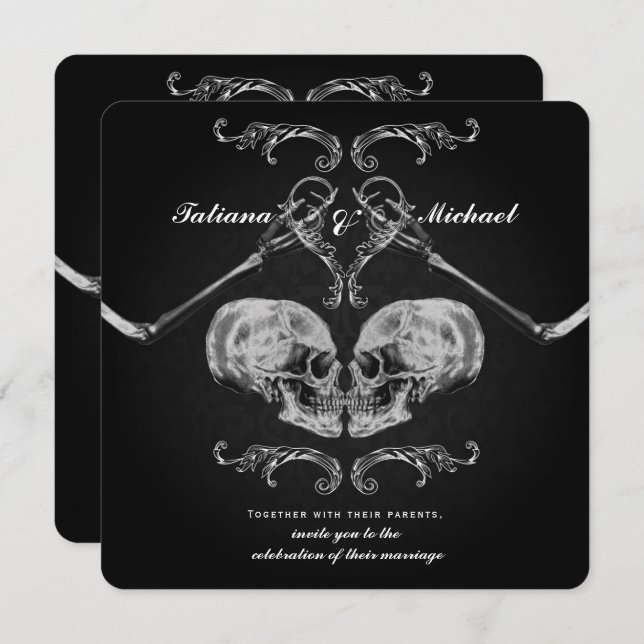 "Skull in Love" Vintage Skeletons Black Wedding Invitation (Front/Back)