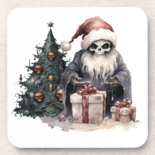 Skull in Santa hat with gothic Christmas tree Coaster