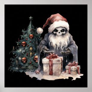 Skull in Santa hat with gothic Christmas tree Poster