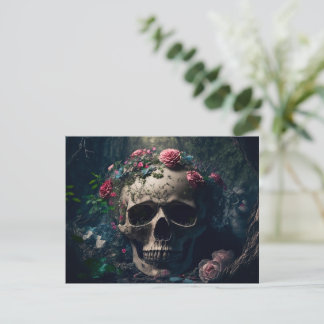 Skull in the woods and decorative flowers holiday postcard