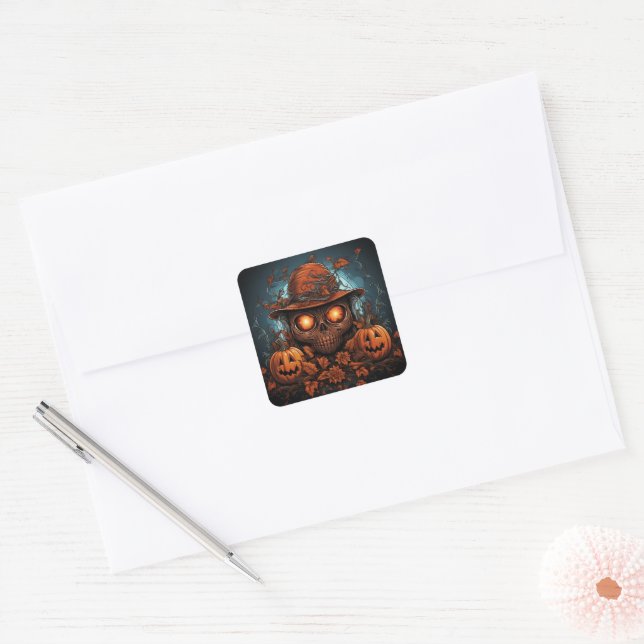 Skull, Jack-O-Lanterns and Flowers  Square Sticker (Envelope)