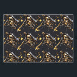 Skull jolly roger pirate flag black gold 3D Wrapping Paper Sheet<br><div class="desc">A realistic grinning 3D skull rests against a black flag that is set against a midnight black background that has faux shimmering stars and fireflies. The skulls are set in a seamless, repeating pattern and are ideal for halloween, gothic and pirate theme birthday parties. They are suited to both adults...</div>
