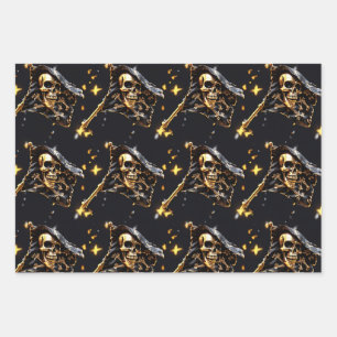Skull jolly roger pirate flag black gold 3D  Wrapping Paper Sheet
