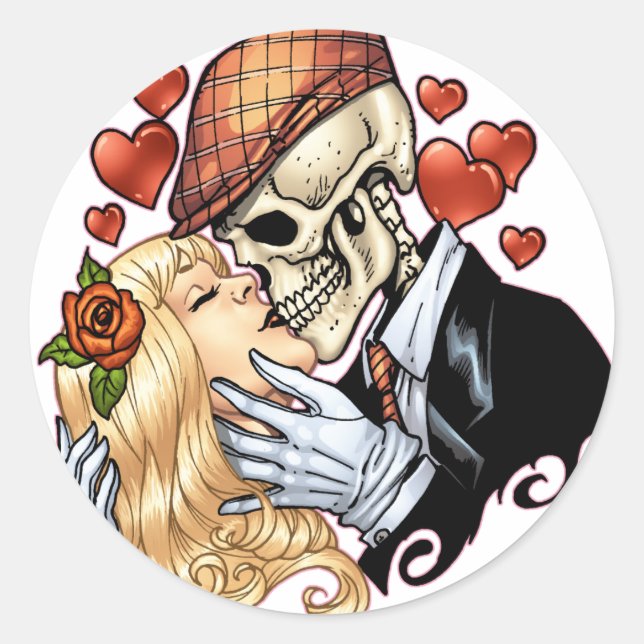 Skull Kiss with Hearts and Roses by Al Rio Classic Round Sticker (Front)