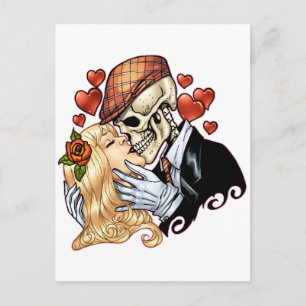 Skull Kiss with Hearts and Roses by Al Rio Postcard