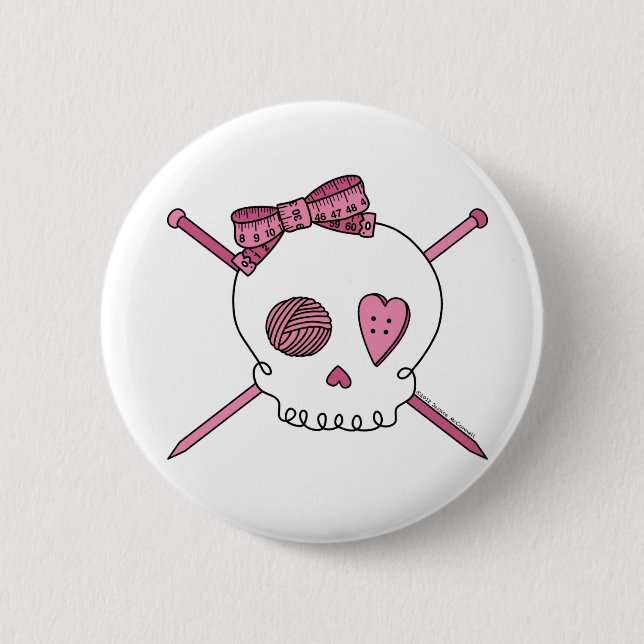 Skull & Knitting Needles (Pink) 6 Cm Round Badge (Front)