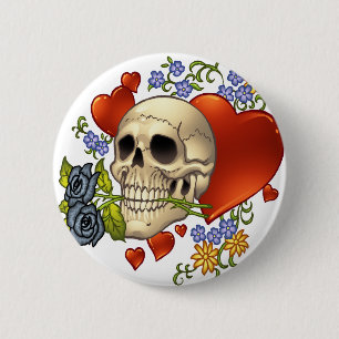Skull Love - Skulls, Roses and Hearts by Al Rio 6 Cm Round Badge
