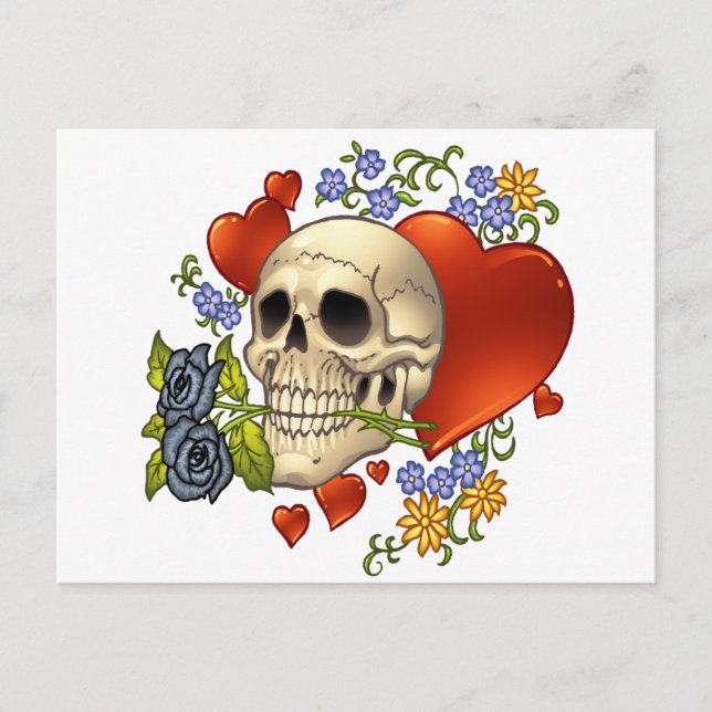 Skull Love - Skulls, Roses and Hearts by Al Rio Postcard (Front)