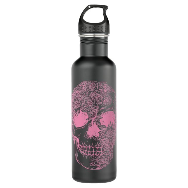 Skull Lover Skeleton Rose Pink Floral Skull Skulls 710 Ml Water Bottle (Front)