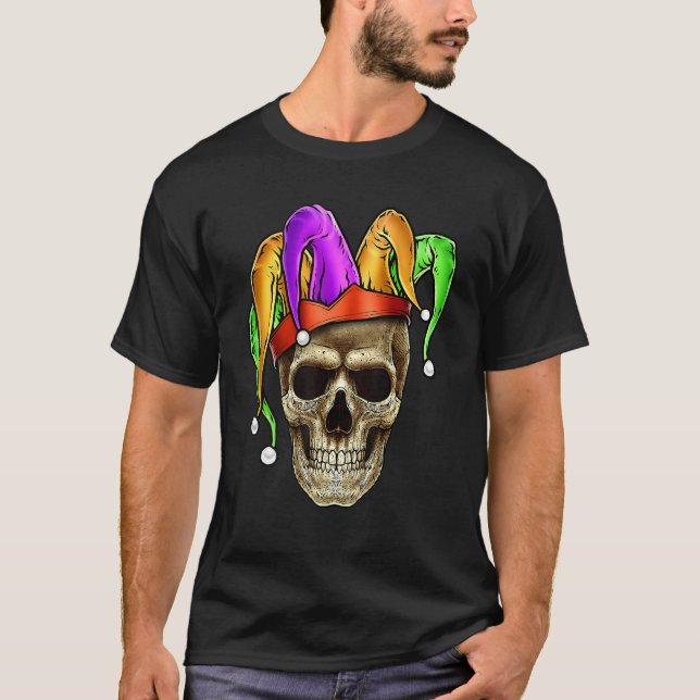 Skull Mardi Gras Jester Joker Carnival NOLA Louisi T-Shirt (Front)