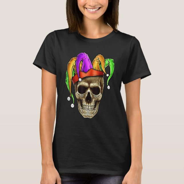 Skull Mardi Gras Jester Joker Carnival NOLA Louisi T-Shirt (Front)