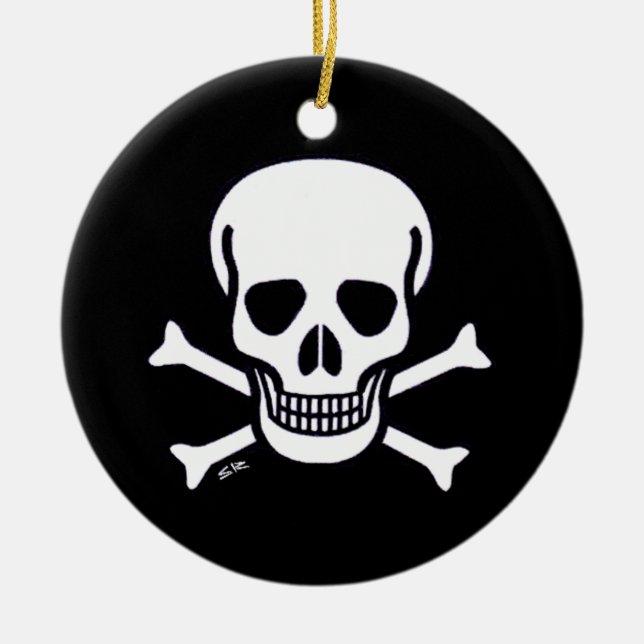 Skull n Bones black round ceramic ornament (Front)