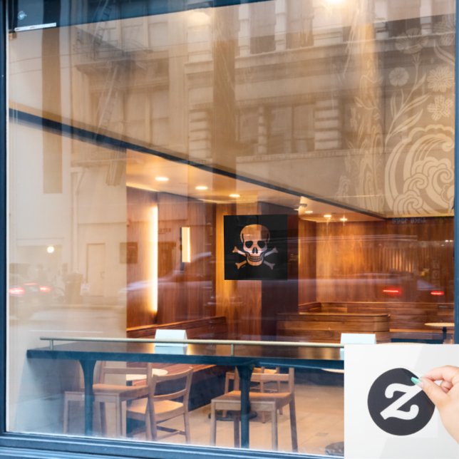 Skull n Bones black sq window cling back stick (Cafe Window)