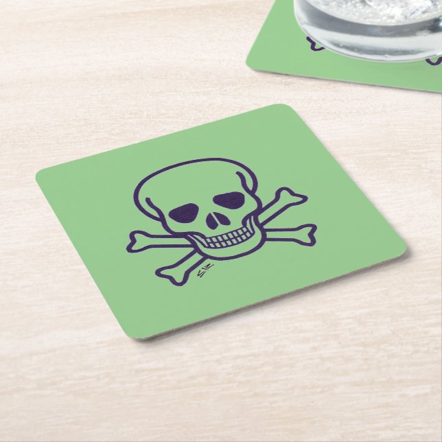 Skull n Bones green paper square drink coasters (Angled)