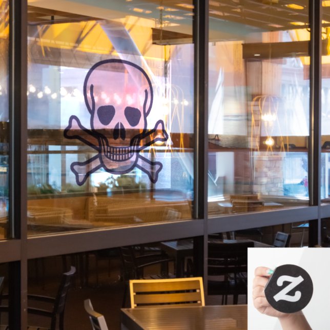 Skull n Bones pink lg rnd window cling front stick (Restaurant Window)