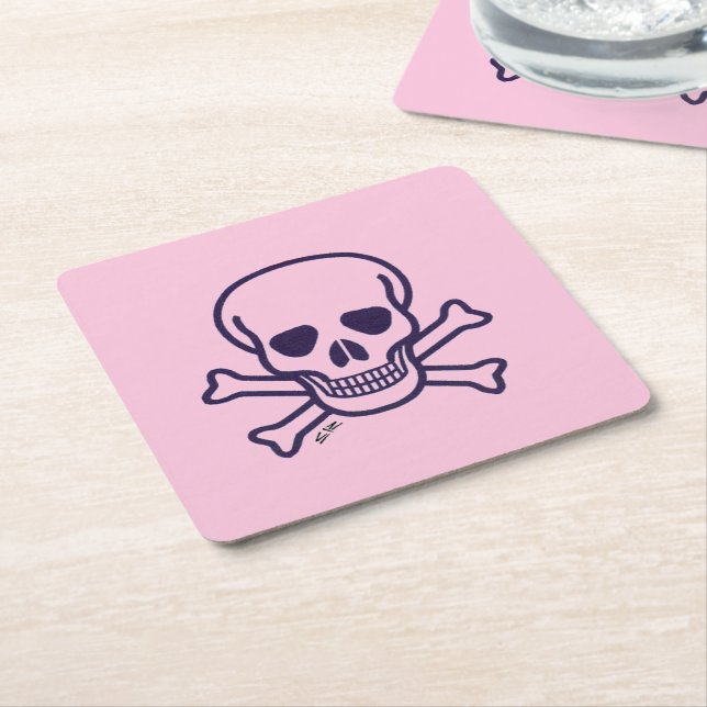 Skull n Bones pink paper drink coasters (Angled)