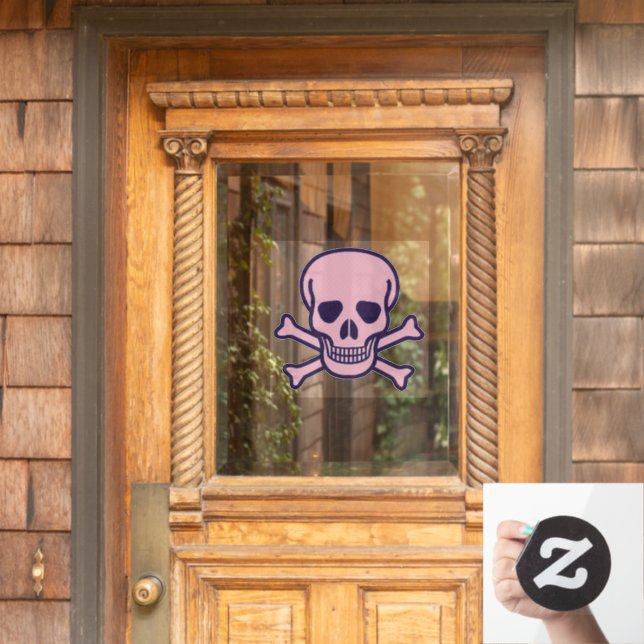 Skull n Bones pink round window cling front stick (Home Door)