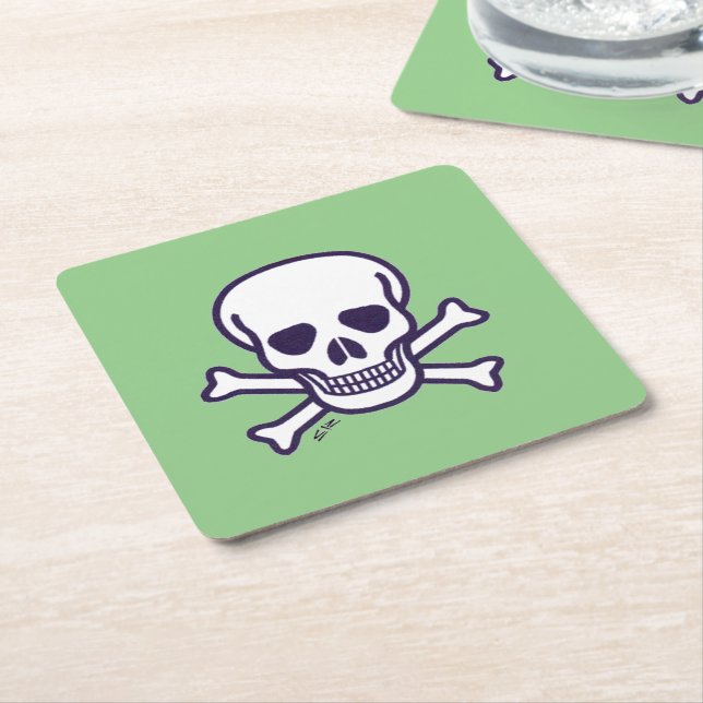 Skull n Bones white green paper sq drink coasters (Angled)