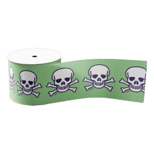 Skull n Bones white green ribbon spool Grosgrain Ribbon