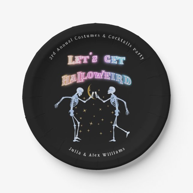 Skull Neon Halloween Halloweird Dancing Skeletons Paper Plate (Front)