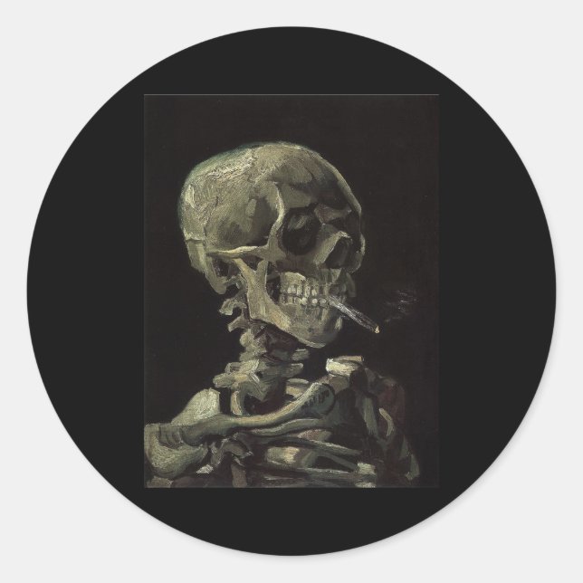 Skull of a Skeleton with Burning Cigarette Classic Round Sticker (Front)