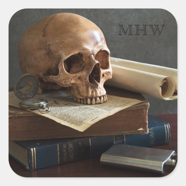 Skull on Books custom monogram stickers (Front)