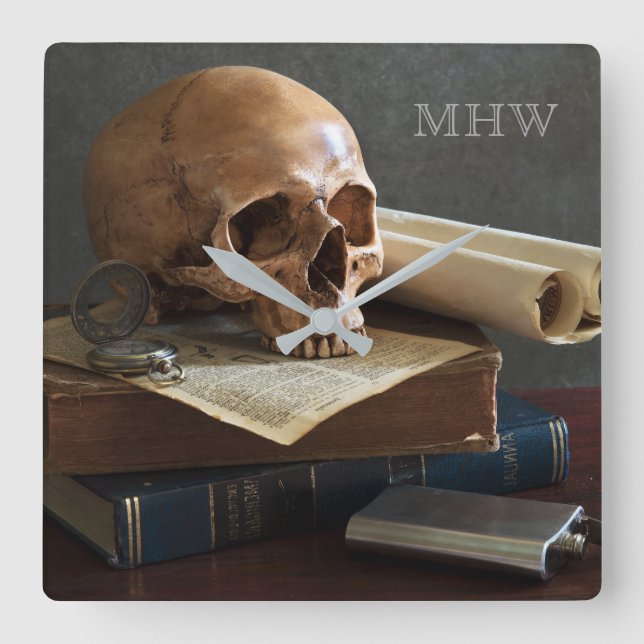 Skull on Books custom monogram wall clock (Front)
