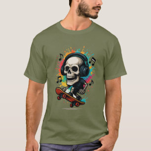 Skull on Skates with Headphones – Music & Colour S T-Shirt