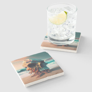 Skull on the beach stone coaster