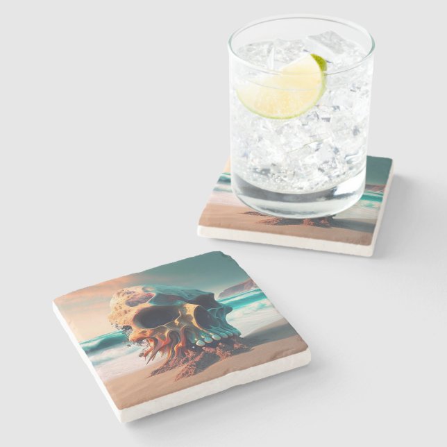 Skull on the Beach Stone Coaster (Side)