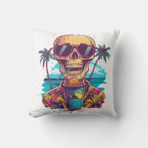 Skull on Vacation � Chill Funny Beach Skeleton Cushion