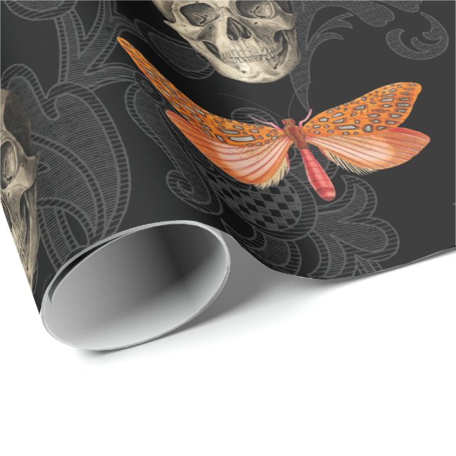 Skull & Orange Butterfly Black Lace Wrapping Paper (Roll Corner)