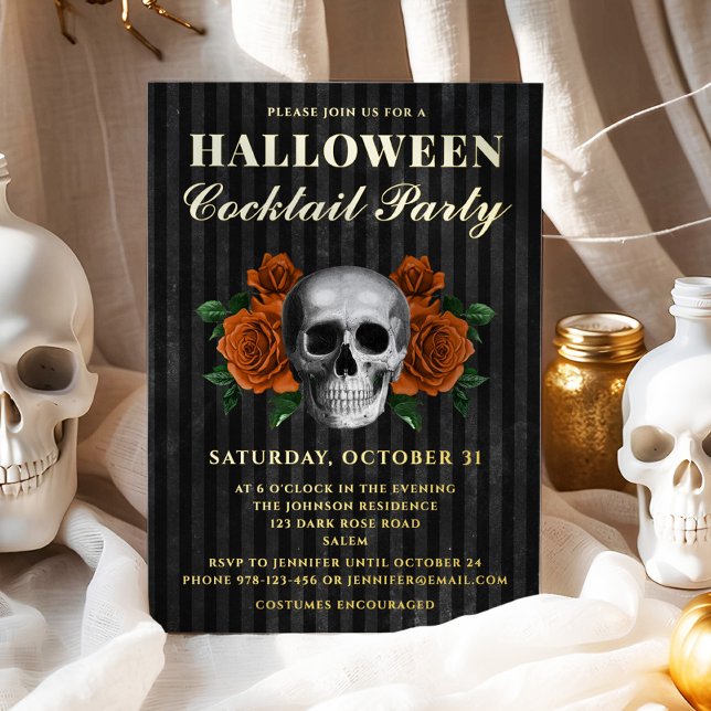 Skull Orange Roses Halloween Cocktail Party Gold (Skull Orange Roses Halloween Cocktail Party Gold Foil Invitation)