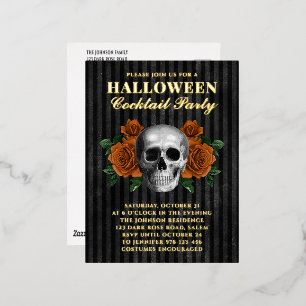Skull Orange Roses Halloween Cocktail Party Gold  Foil Invitation Postcard