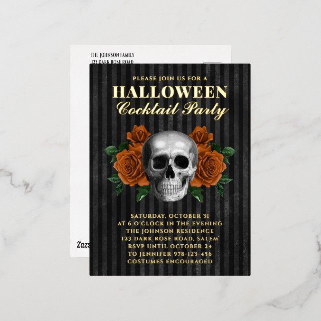 Skull Orange Roses Halloween Cocktail Party Gold  Foil Invitation Postcard (Front/Back)