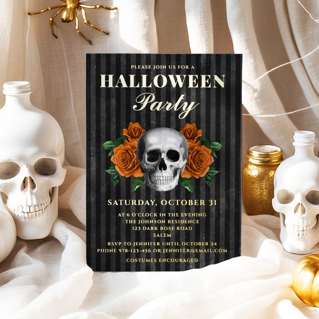 Skull Orange Roses Halloween Party Gold  (Skull Orange Roses Halloween Party Gold Foil Invitation)