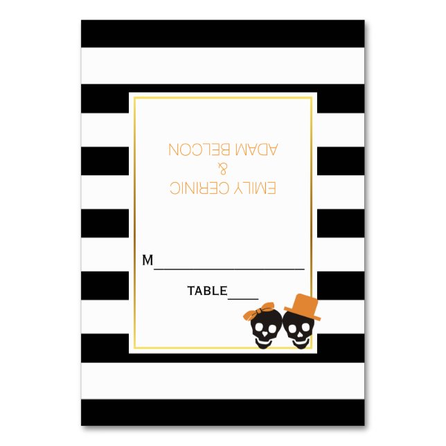 Skull pair black white stripes wedding escort card (Front)