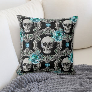 Skull Pattern Blue Floral Cushion
