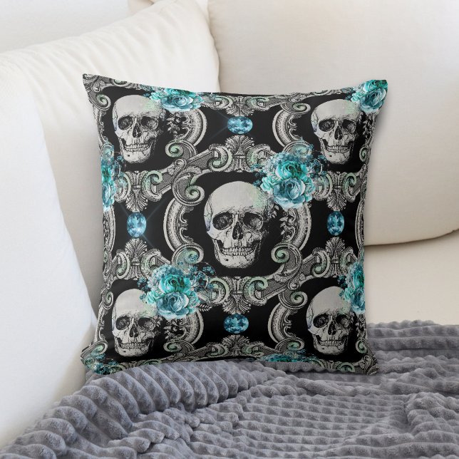 Skull Pattern Blue Floral Cushion (Creator Uploaded)